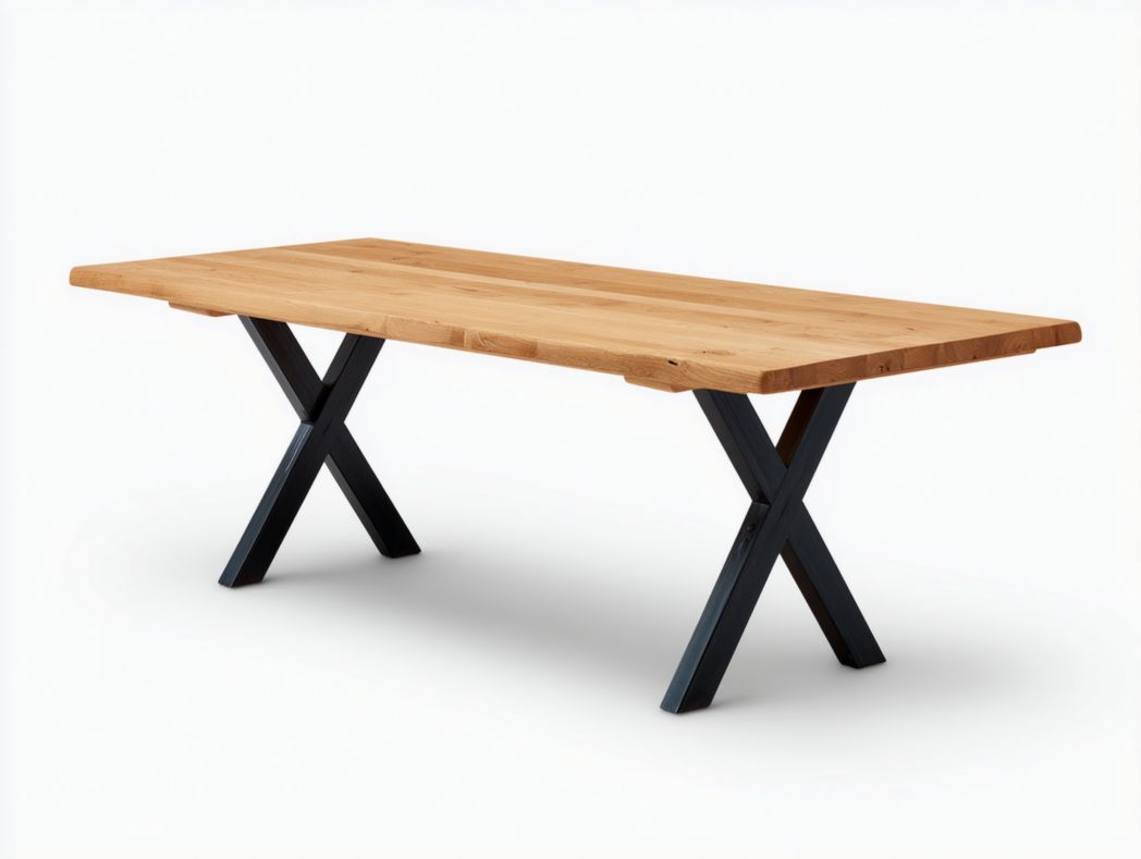 Table à manger brun clair avec pieds croisés noirs en métal