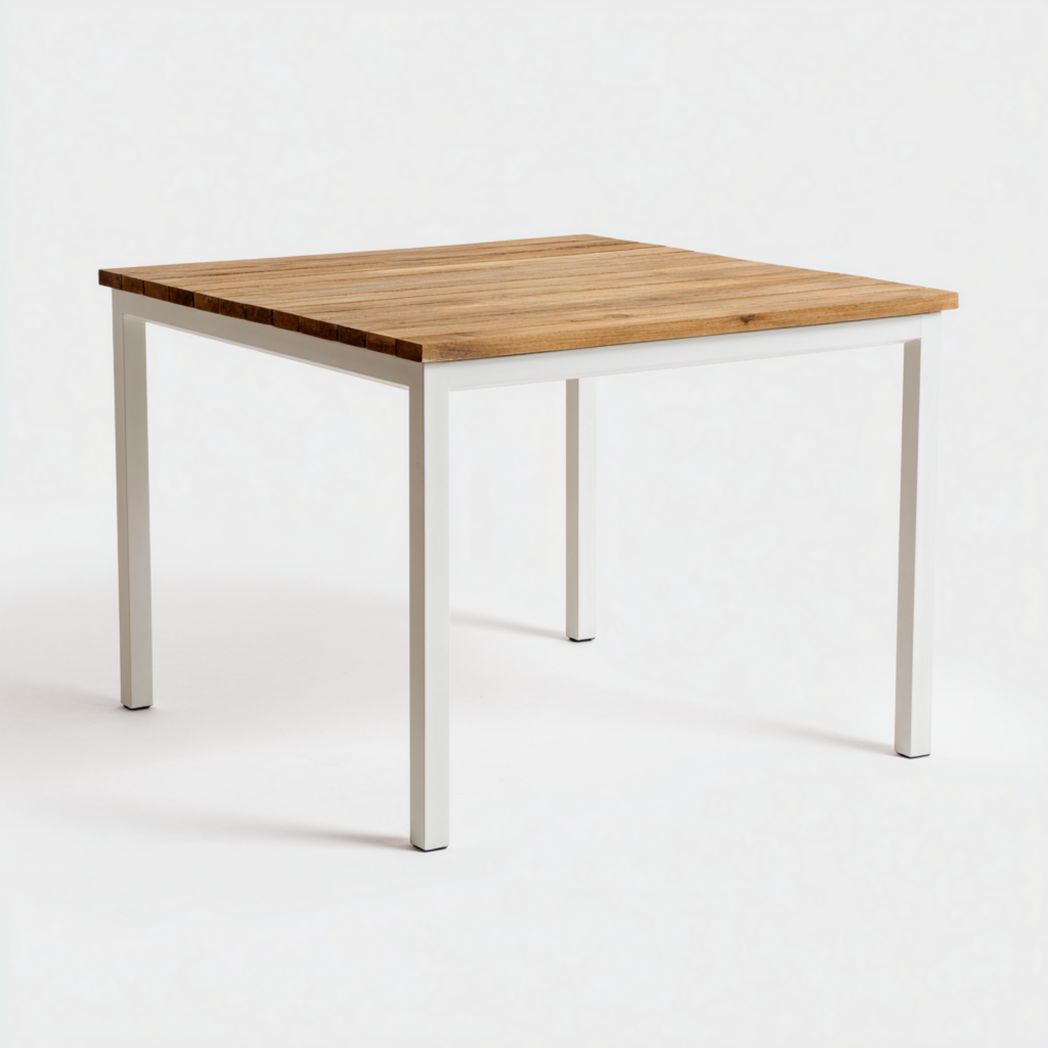 Table de jardin carrée plateau bois brun clair et structure métallique blanche