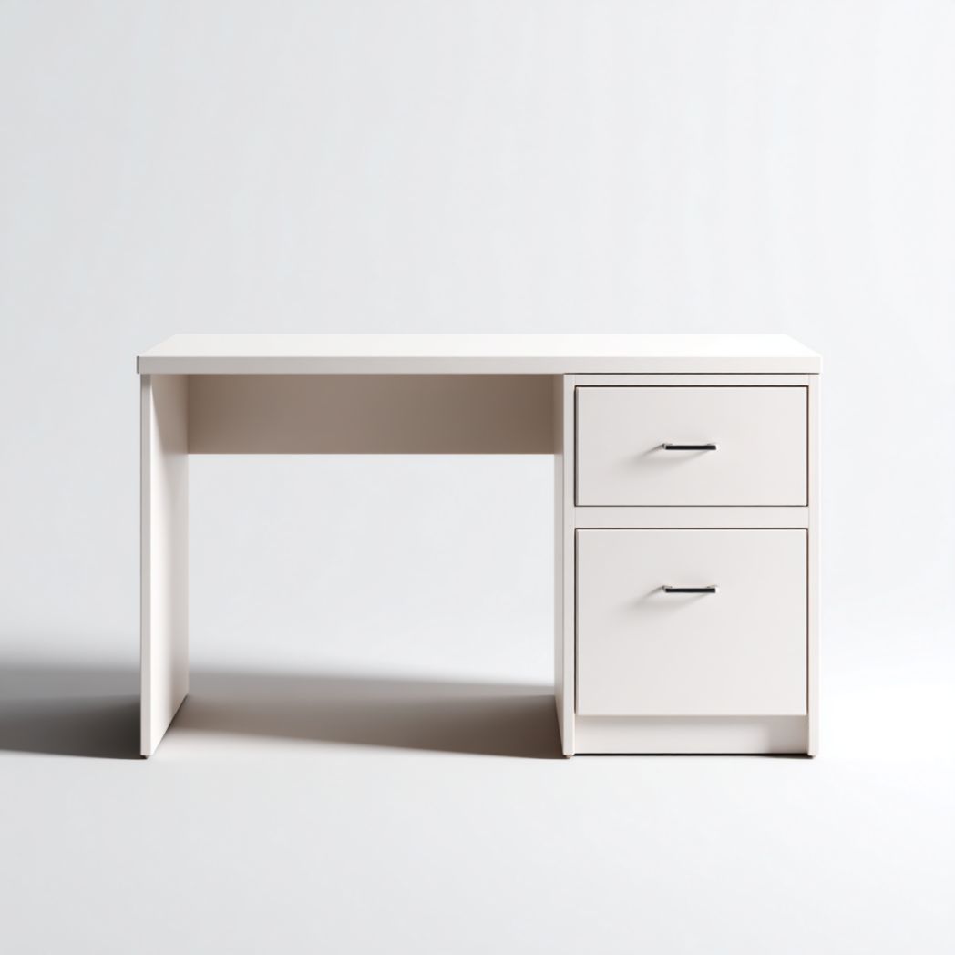 Bureau blanc cassé à deux tiroirs avec poignées en métal gris argenté