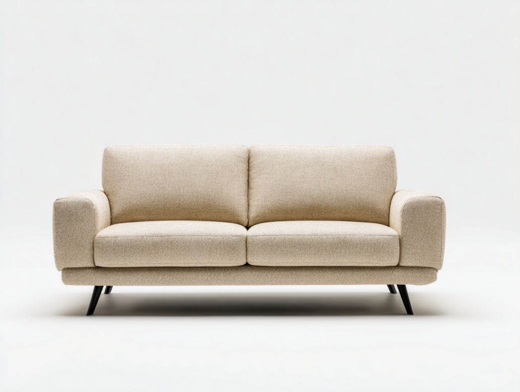 Canapé 2 places en tissu mélangé en lin beige, pieds en métal noir