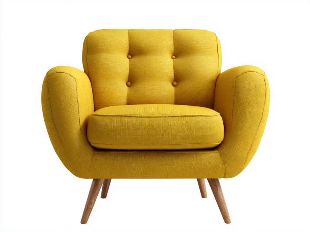 Fauteuil en tissu mélangé en lin jaune avec dossier à boutons et pieds en bois