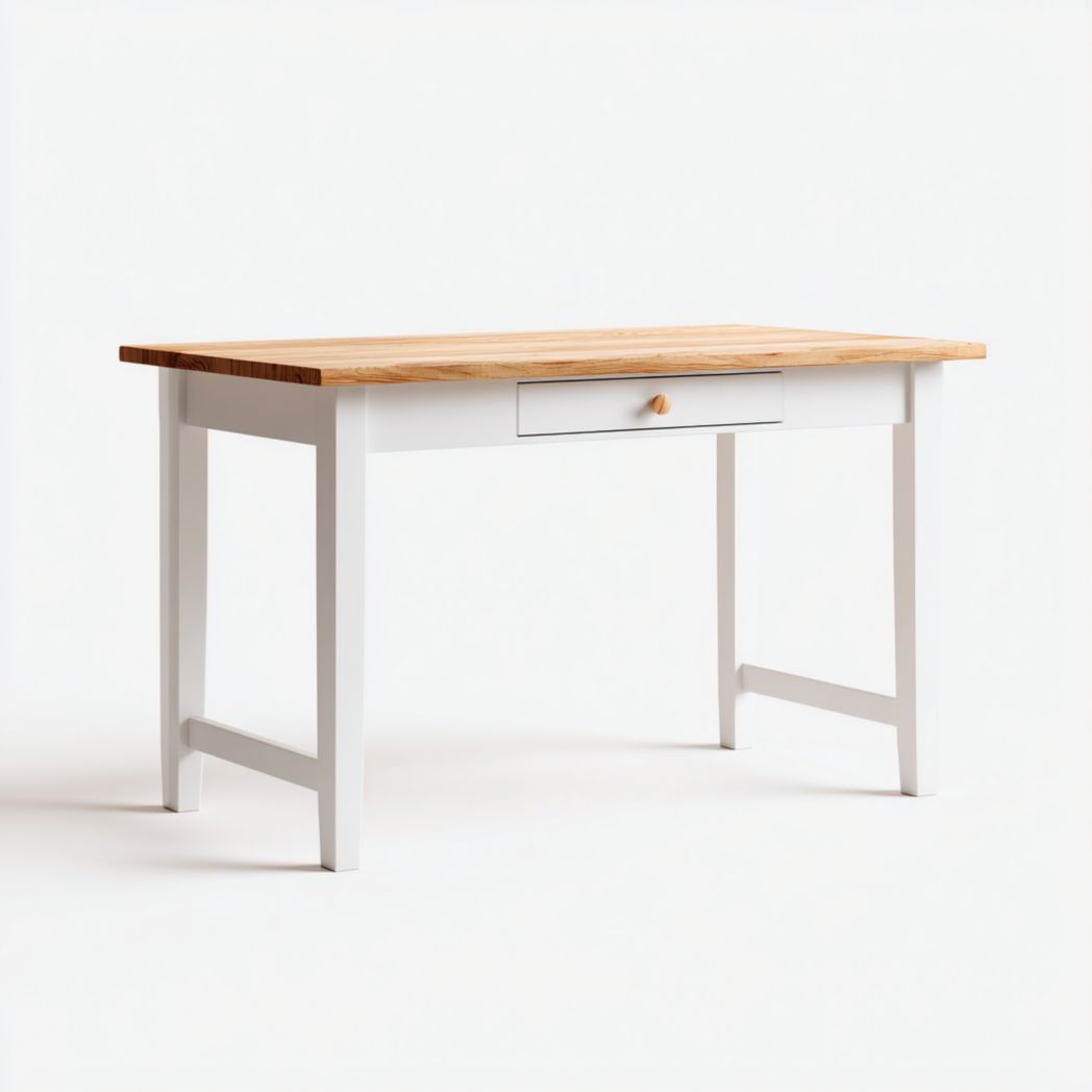 Bureau avec plateau brun clair et structure blanc cassé à un tiroir