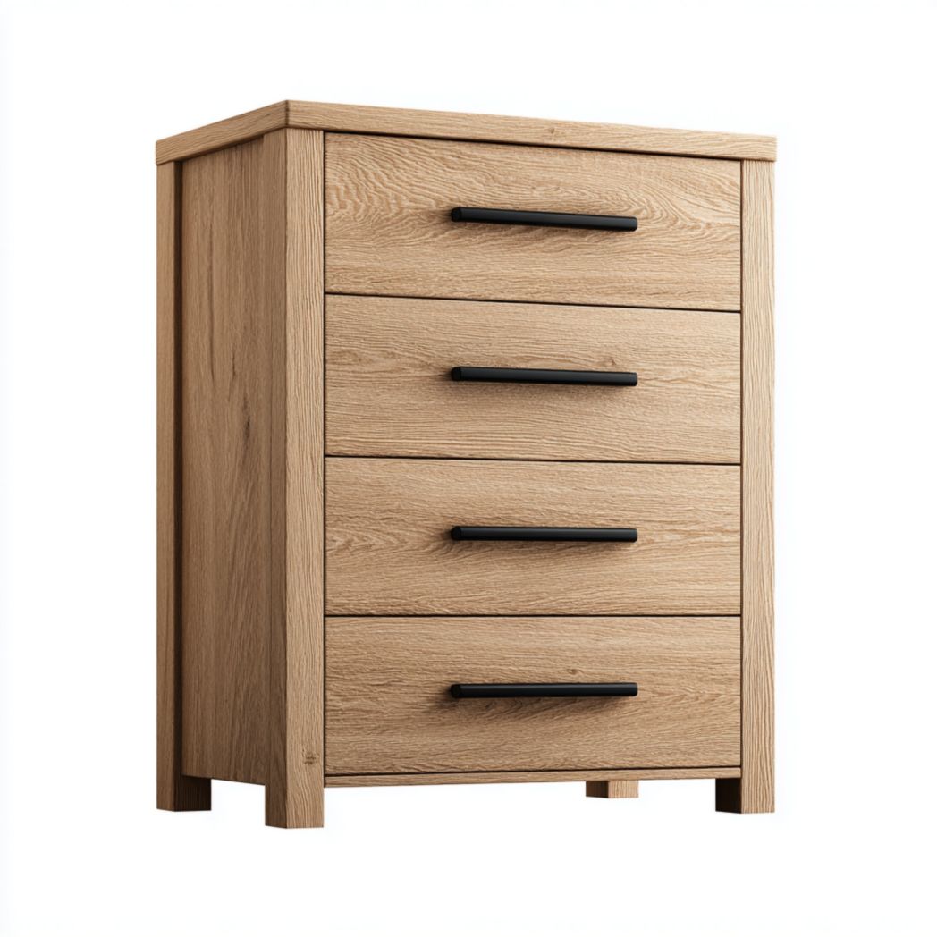 Commode en bois massif clair à quatre tiroirs avec poignées noires
