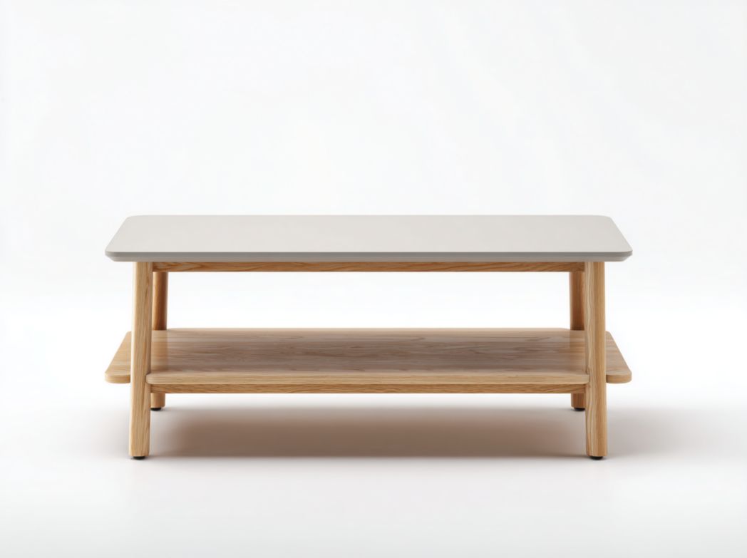 Table basse en bois massif avec plateau gris clair et piètement brun clair