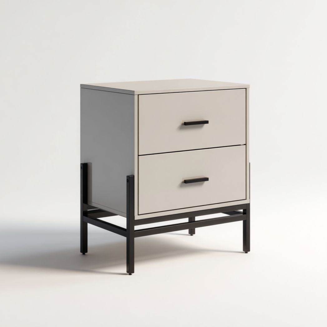 Meuble à chaussures gris clair à deux tiroirs avec structure métallique noire