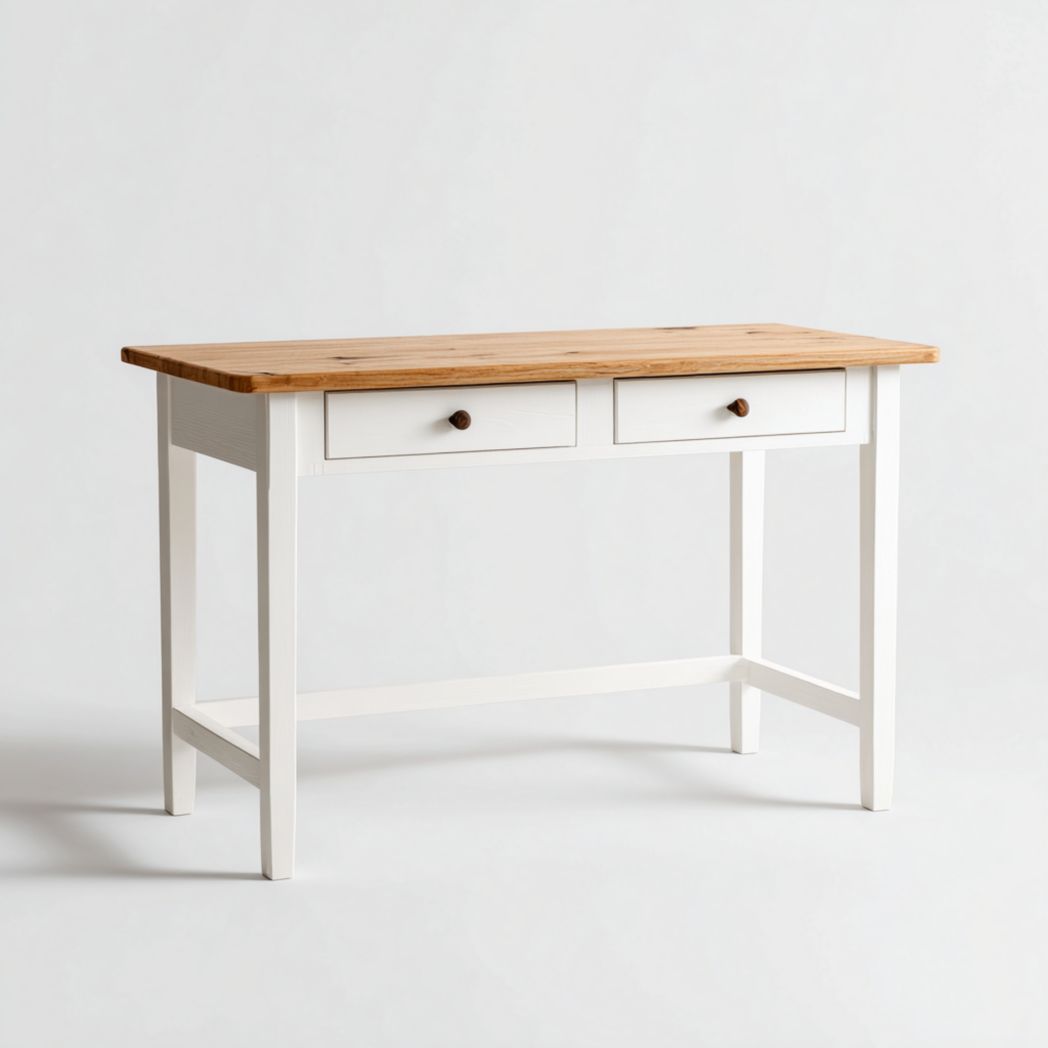 Bureau avec plateau brun clair et structure blanc cassé à deux tiroirs
