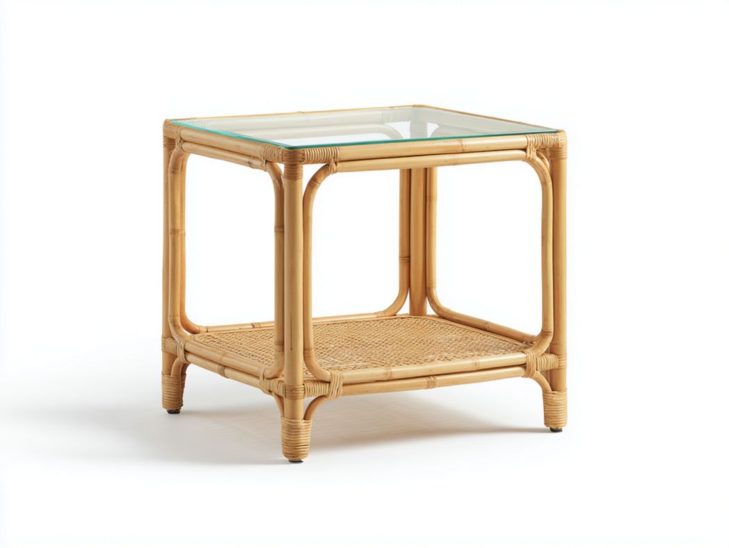 Table d'appoint en rotin jaune clair avec plateau en verre transparent