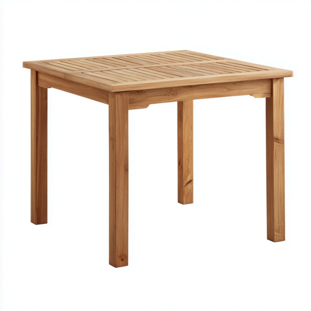 Table de jardin carrée en bois massif brun clair avec plateau à lattes