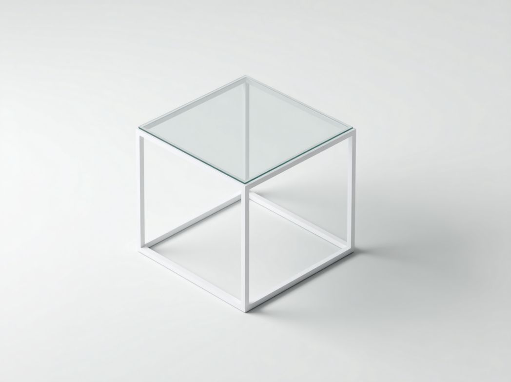 Table d'appoint carrée en métal blanc avec plateau en verre transparent