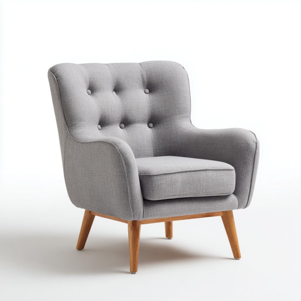 Fauteuil en tissu mélangé en lin gris clair avec dossier à boutons et pieds en bois