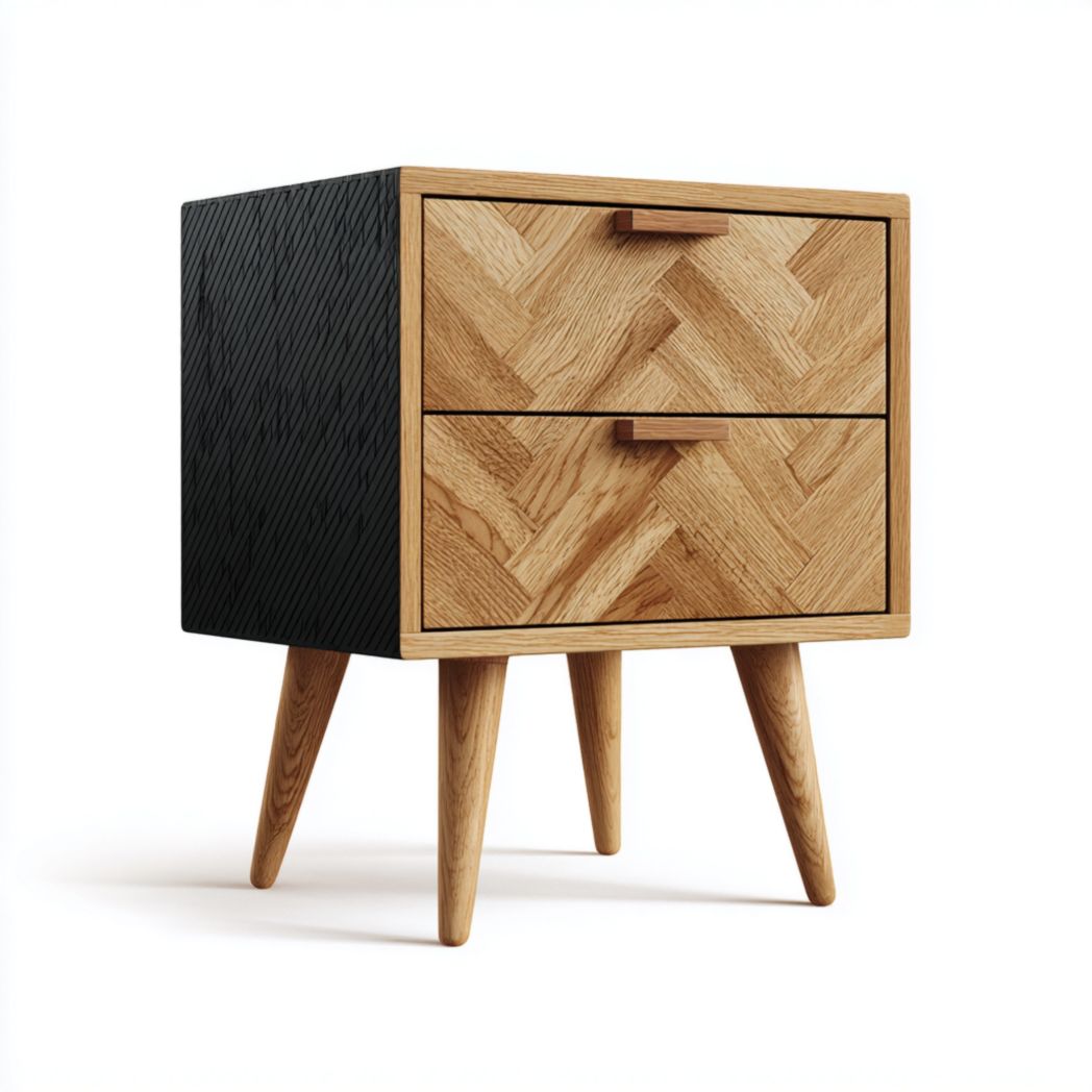 Table de chevet corps noir avec tiroirs et pieds brun clair, deux tiroirs