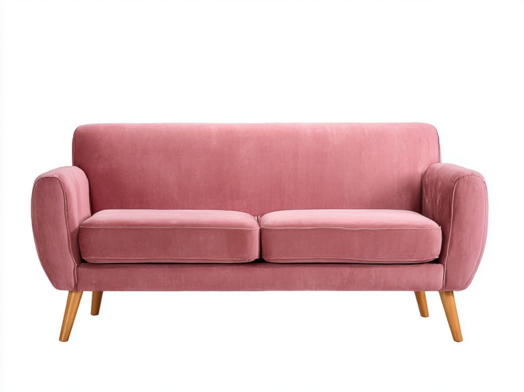 Canapé 2 places en tissu mélangé en lin rose, pieds en bois brun clair