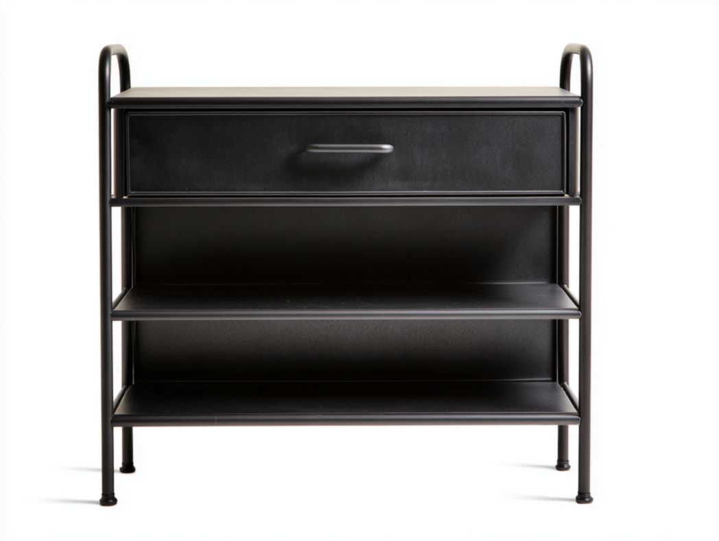 Meuble à chaussures noir en métal à un tiroir et trois niveaux