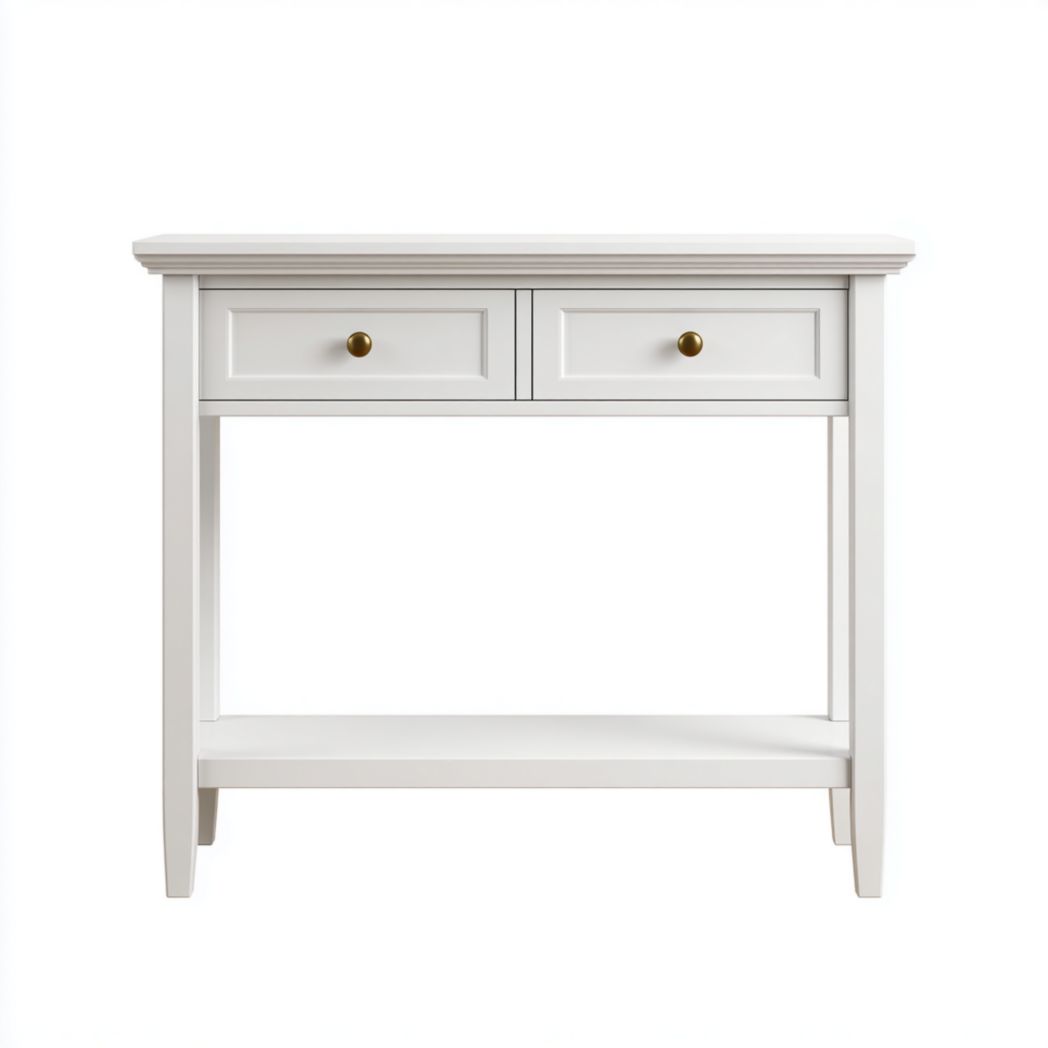 Bureau en bois blanc cassé à deux tiroirs avec étagère inférieure