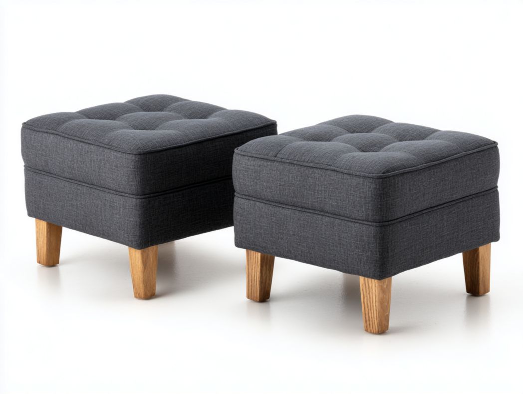 Lot de 2 tabourets carrés rembourrés en tissu mélangé en lin gris foncé avec pieds brun clair