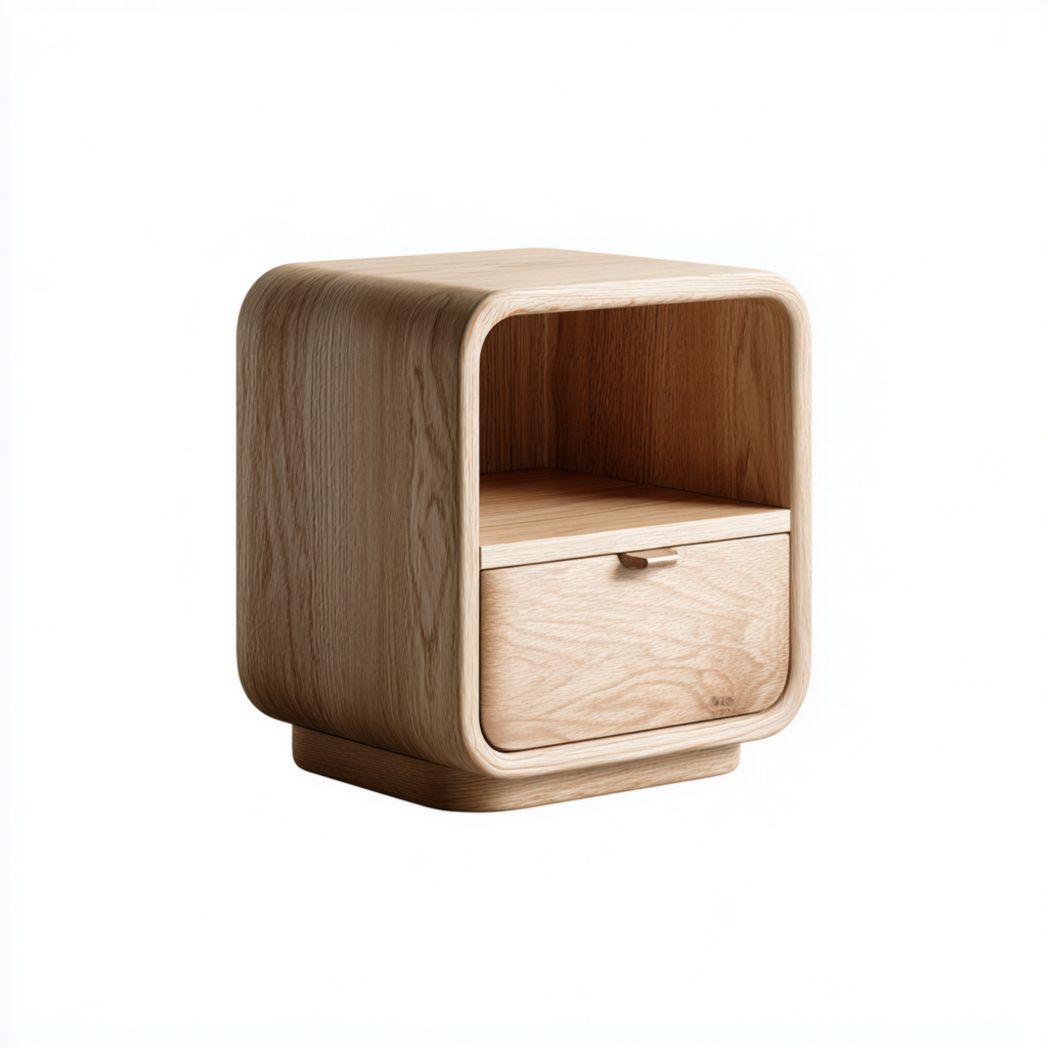 Table de chevet marron clair arrondie à un tiroir et niche ouverte