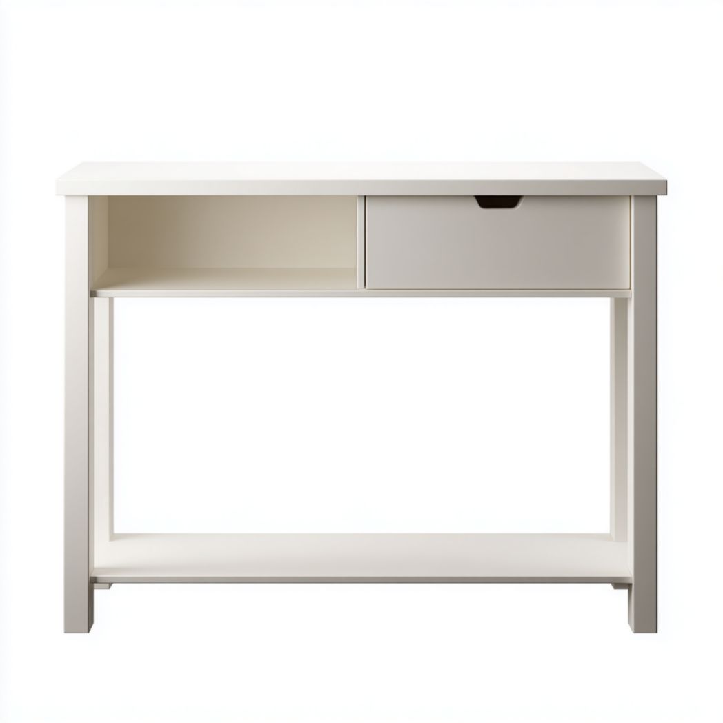 Bureau en bois blanc cassé avec un tiroir et compartiment ouvert