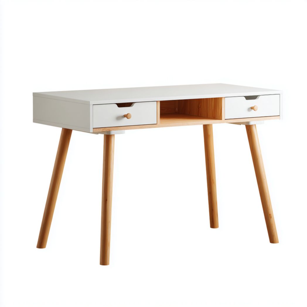 Bureau en blanc cassé avec pieds en bois brun clair à deux tiroirs