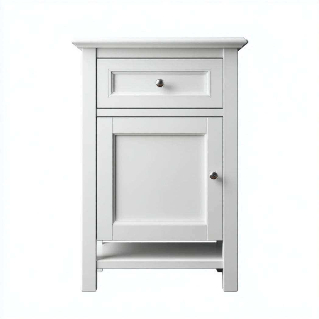 Table de chevet blanche avec un tiroir, une porte et poignée en métal gris argenté