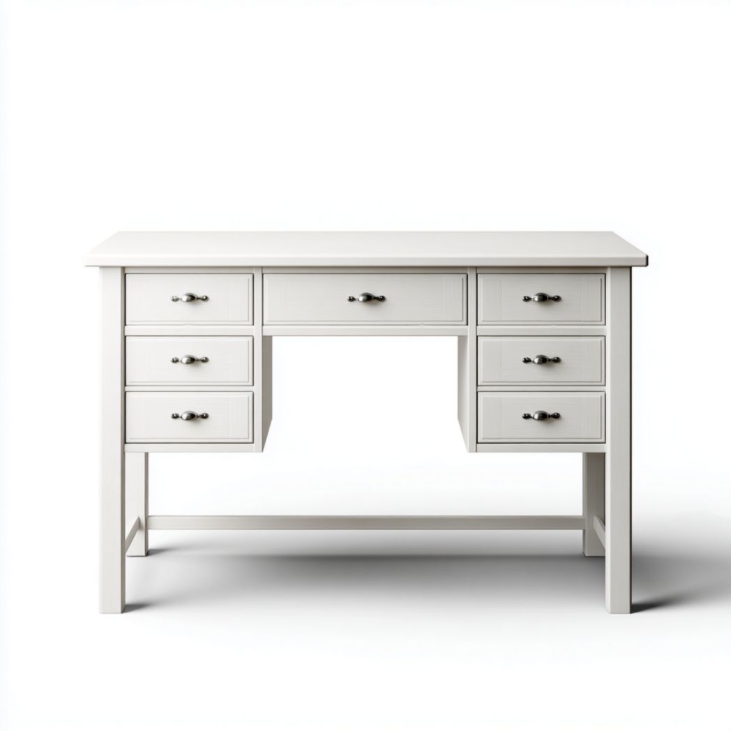 Bureau blanc cassé à sept tiroirs avec poignées en métal gris argenté