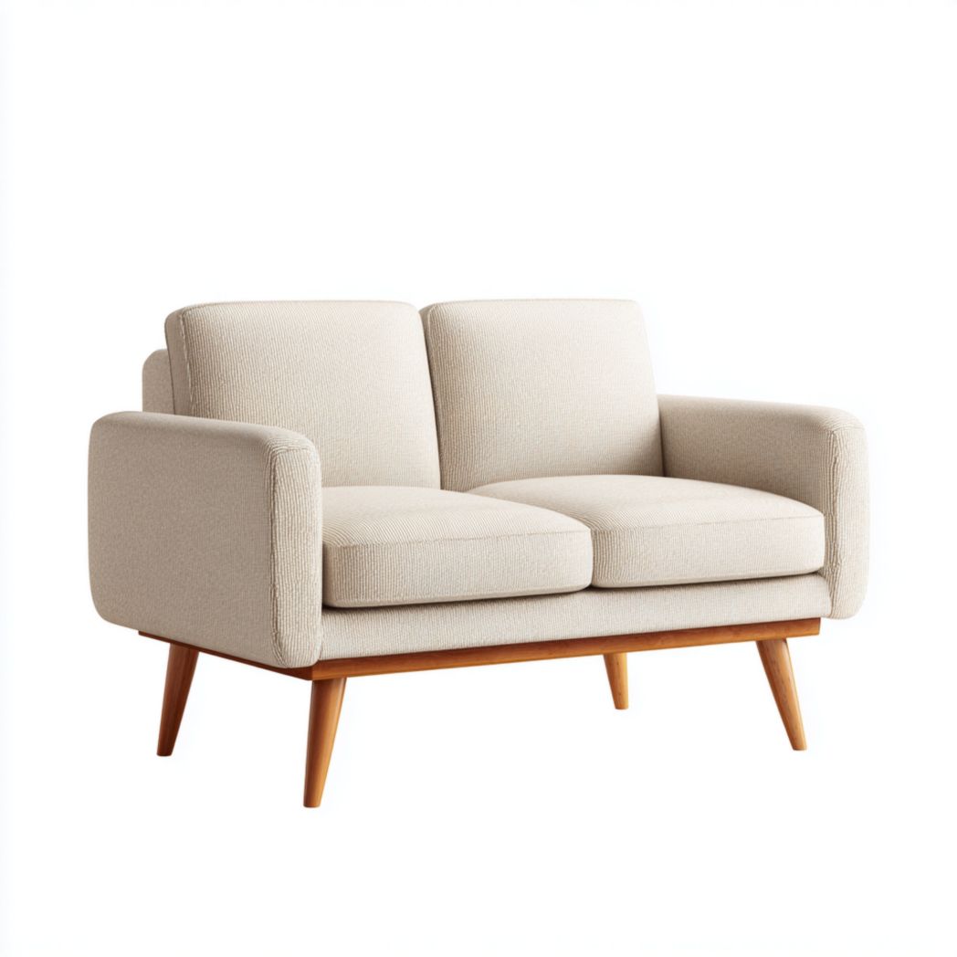 Canapé 2 places en tissu mélangé en lin beige clair, pieds en bois brun clair