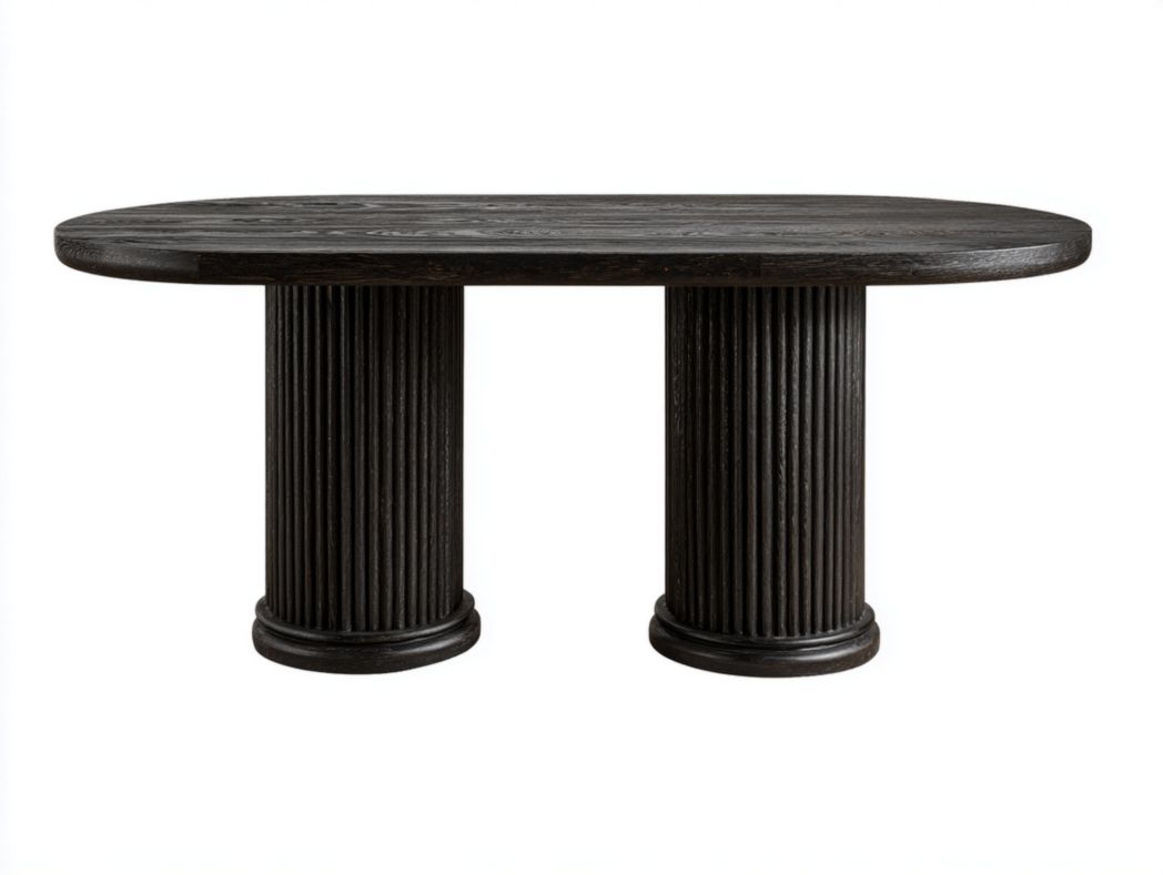 Table basse ovale en bois massif noir avec double pied colonne