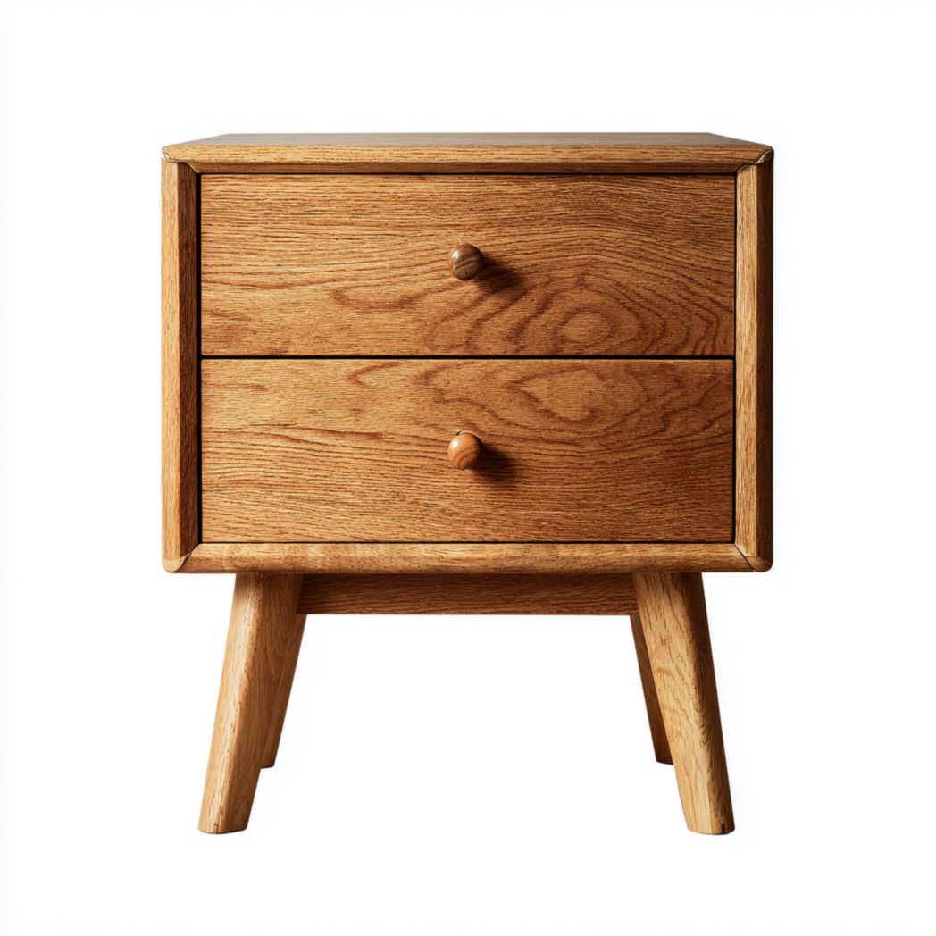 Table de chevet en bois marron clair avec deux tiroirs