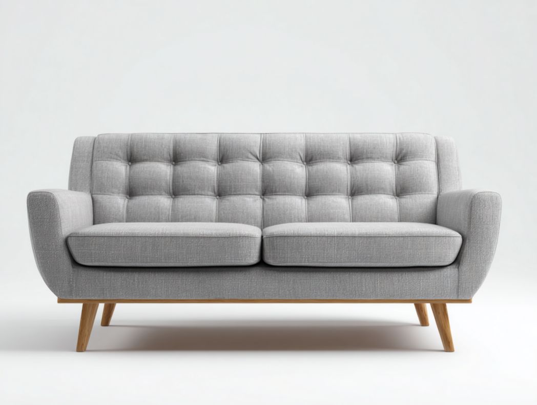 Canapé 2 places en tissu mélangé en lin gris clair, pieds en bois brun clair