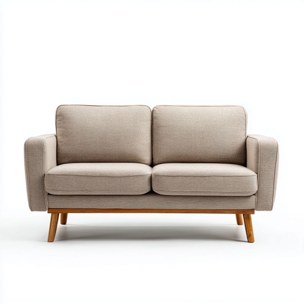 Canapé 2 places en tissu mélangé en lin beige, pieds en bois clair