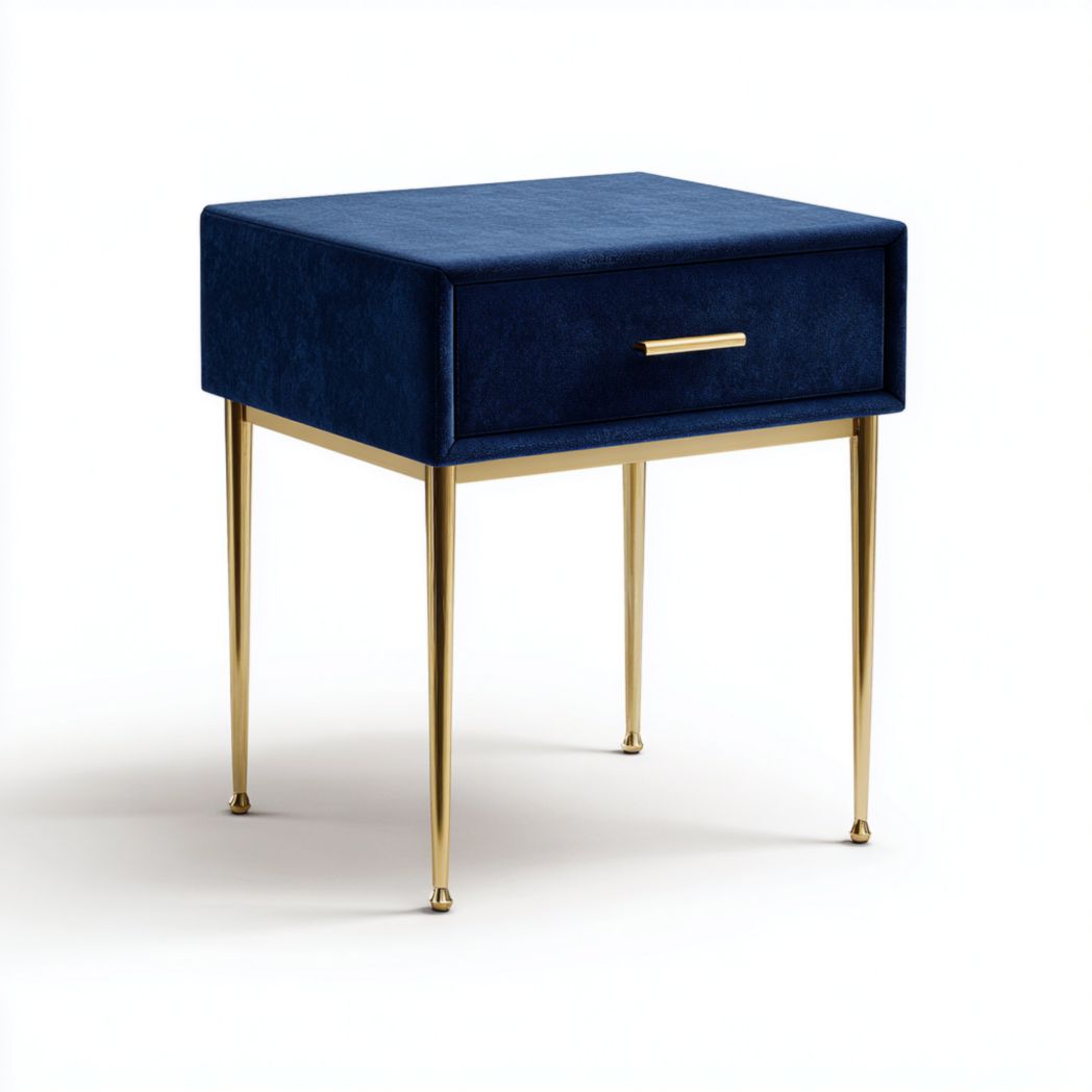 Table de chevet en tissu mélangé en lin bleu avec pieds et poignée dorés