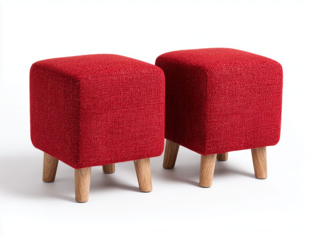 Lot de 2 tabourets carrés rembourrés en tissu mélangé en lin rouge