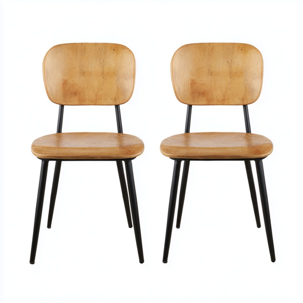 Lot de 2 chaises à manger en bois brun clair, pieds métalliques noirs