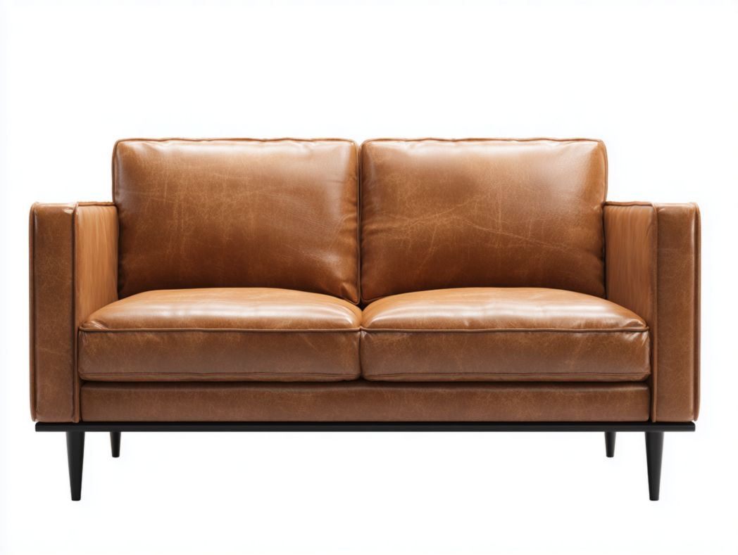 Canapé 2 places en cuir marron, pieds en métal noir