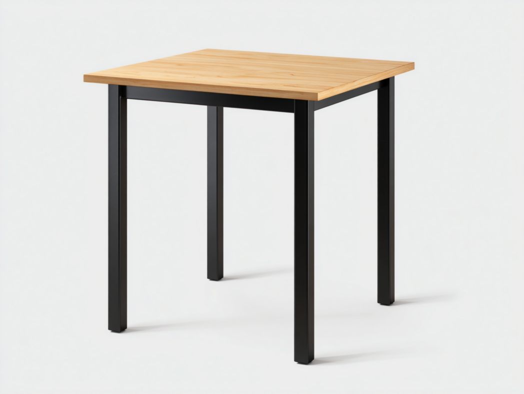 Table à manger carrée brun clair avec pieds noirs en métal