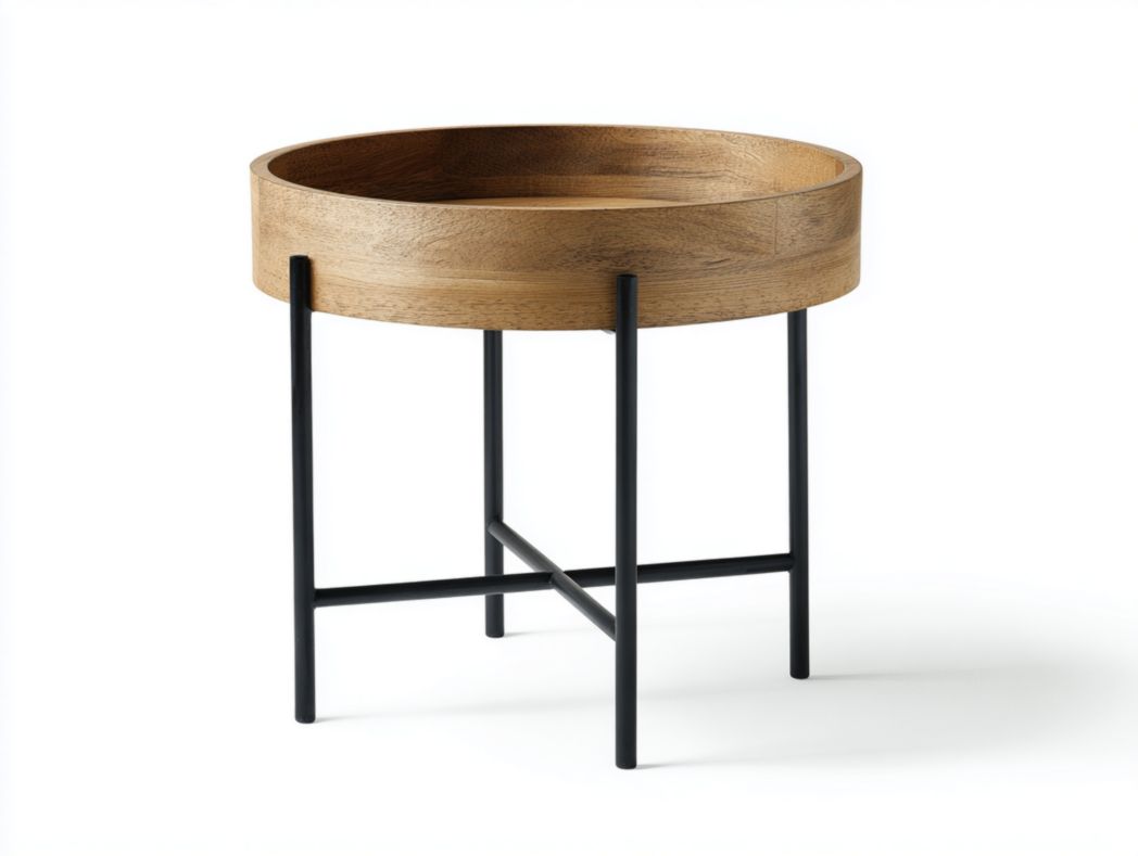 Table d'appoint ronde en bois brun avec pieds en métal noir et rebord haut