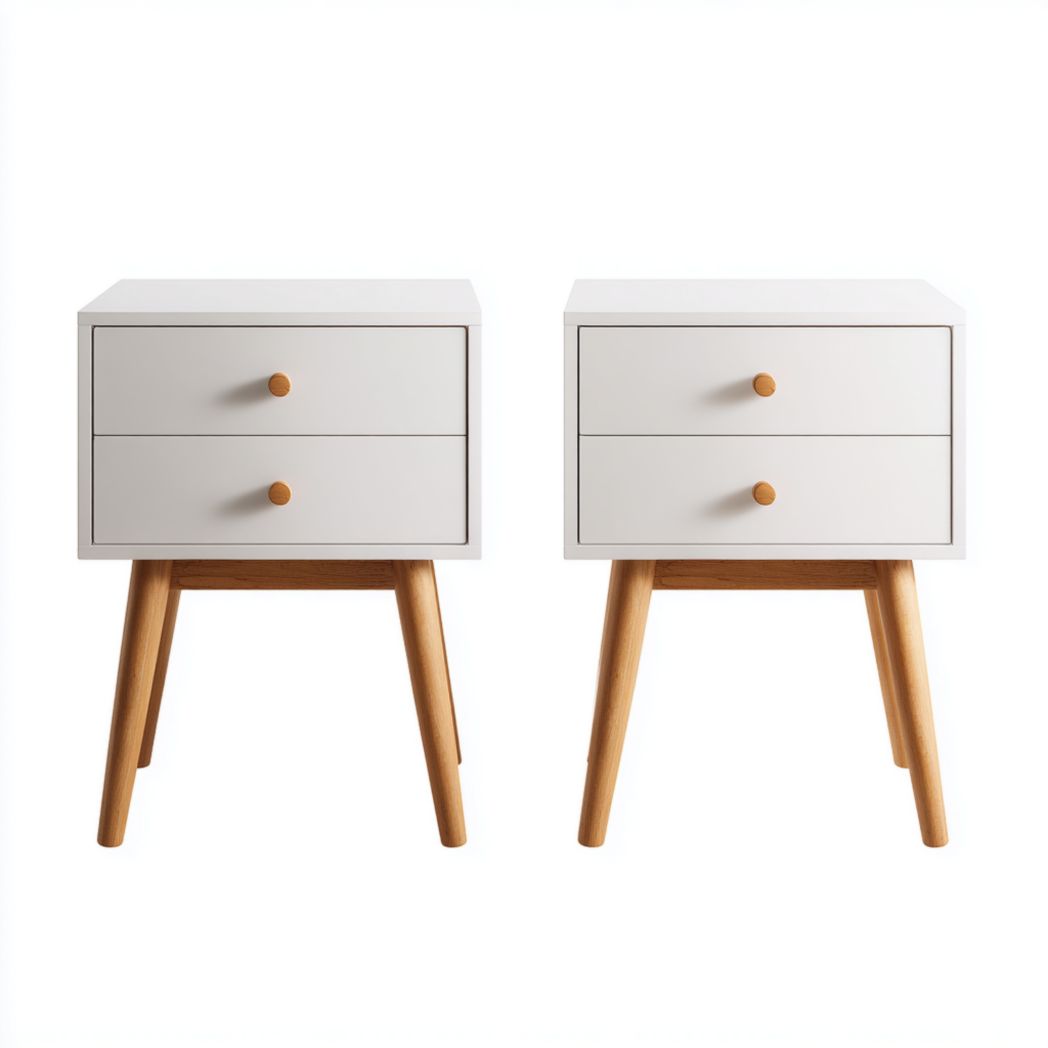 Lot de 2 tables de chevet blanches à deux tiroirs, poignées et pieds brun clair
