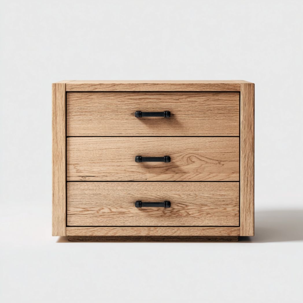 Commode à trois tiroirs en bois massif marron clair avec poignées noires