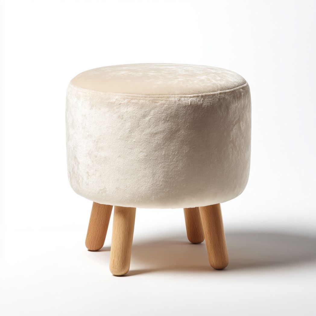 Tabouret rond rembourré en tissu mélangé en lin beige avec pieds brun clair