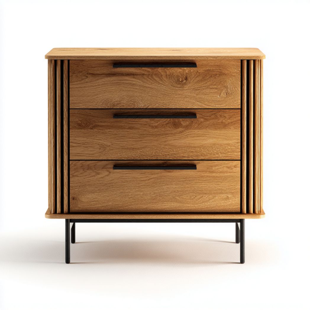 Commode à trois tiroirs en bois massif marron avec poignées noires