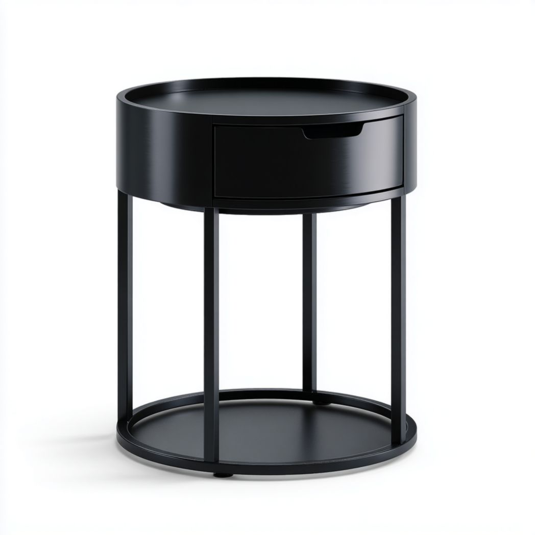 Table de chevet ronde noire en métal avec un tiroir