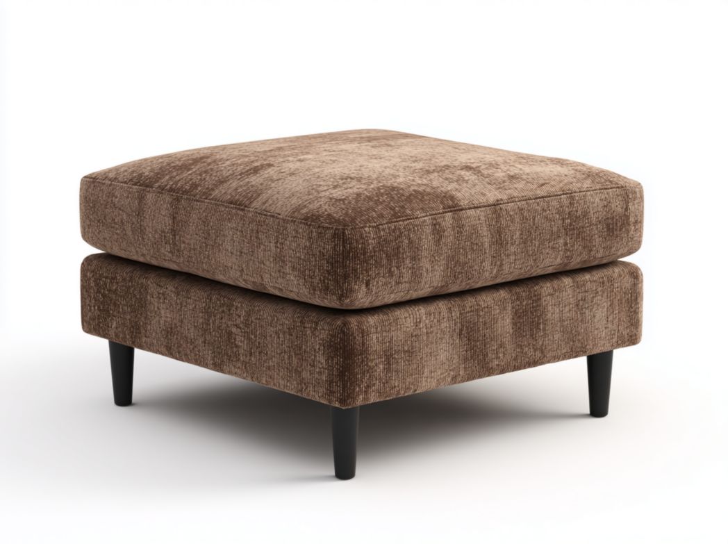 Tabouret carré rembourré en tissu mélangé en lin brun clair, pieds bois noir