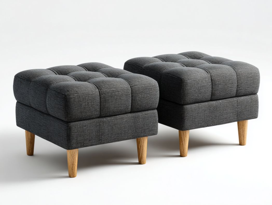 Lot de 2 tabourets carrés rembourrés en tissu mélangé en lin gris foncé