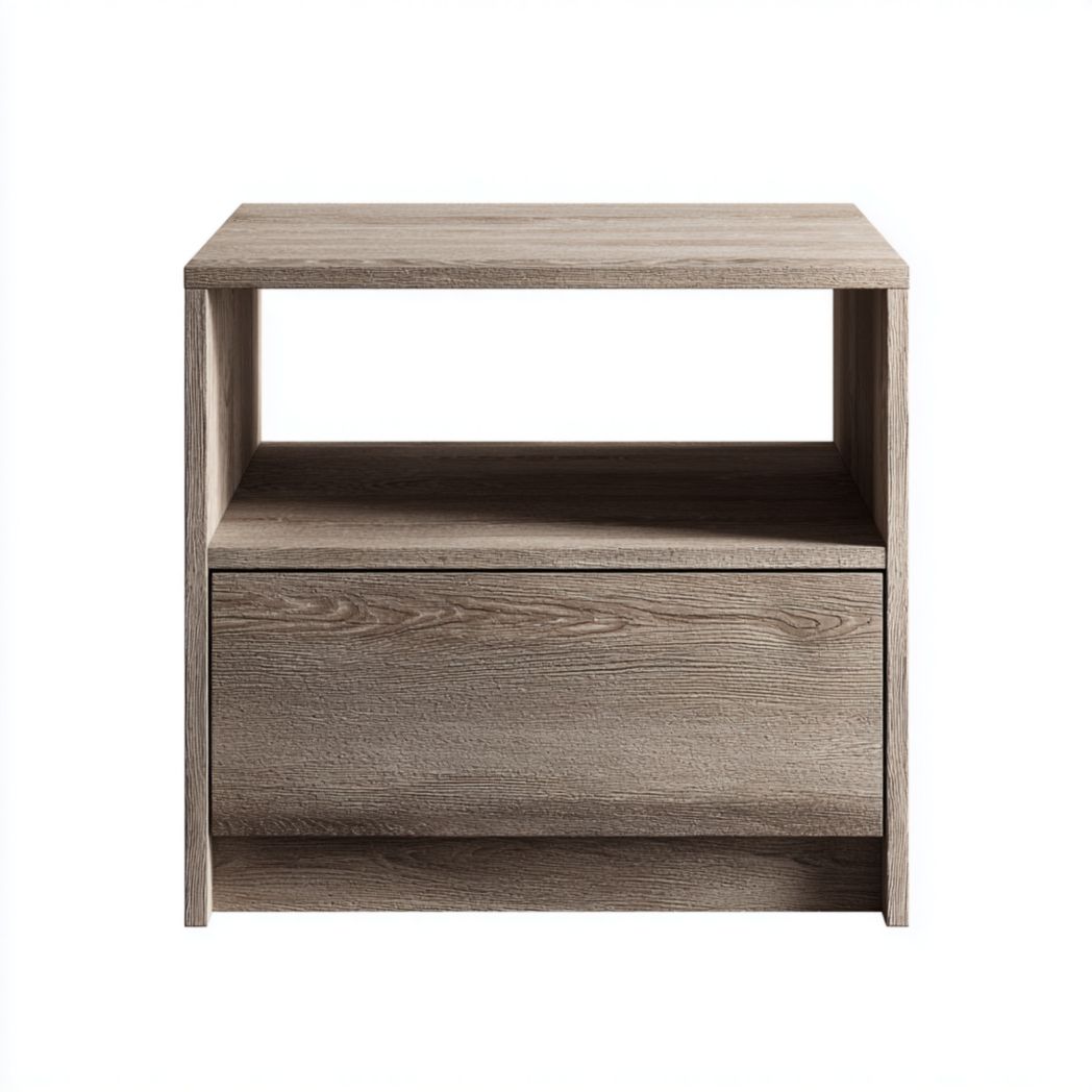 Table de chevet marron clair avec compartiment ouvert et tiroir simple