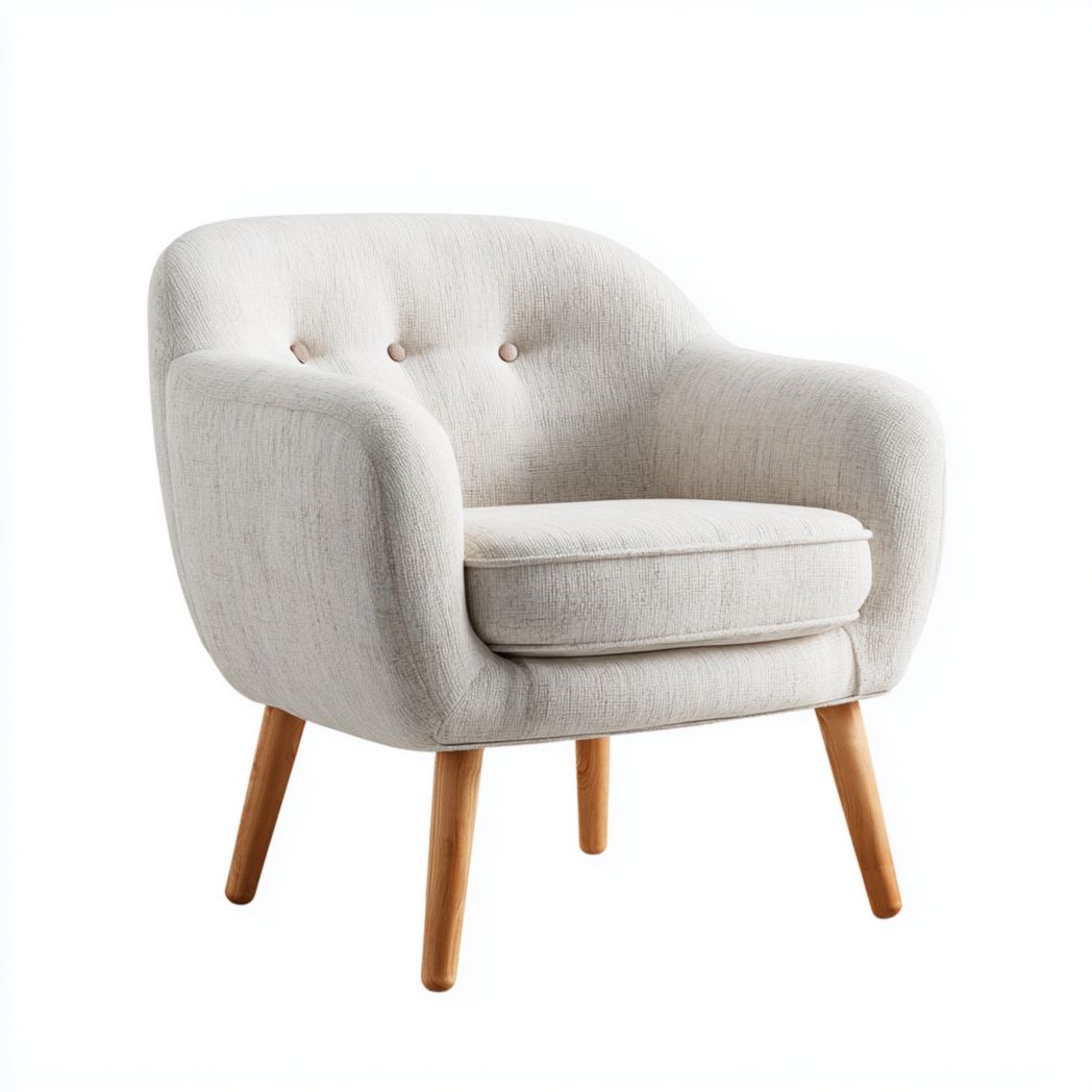 Fauteuil en tissu mélangé en lin beige clair avec dossier à boutons et pieds en bois