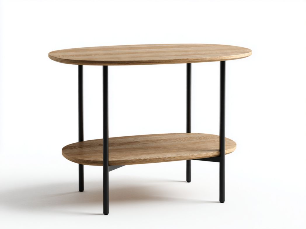 Table d'appoint ovale à double plateau en bois marron et métal noir