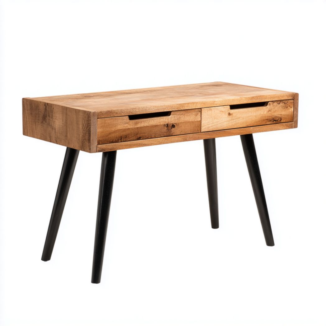 Bureau en bois brun à deux tiroirs avec pieds en métal noir