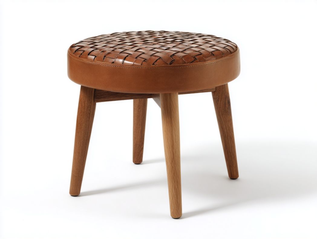 Tabouret rond en cuir tressé marron