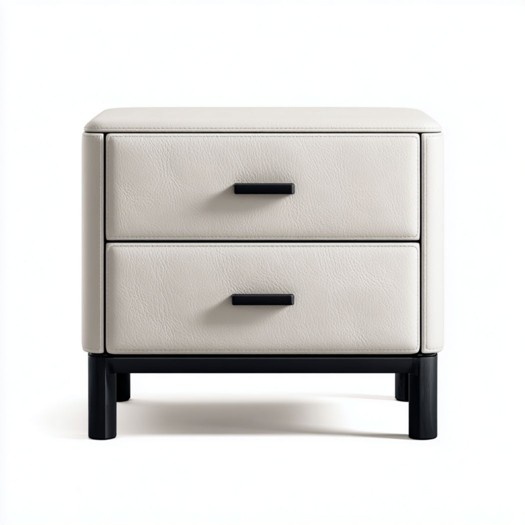 Table de chevet en similicuir gris beige clair avec poignées et pieds noirs