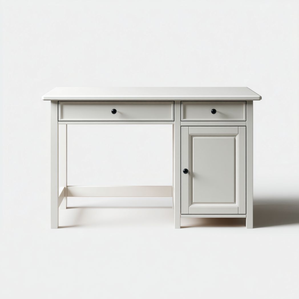 Bureau en bois blanc cassé avec deux tiroirs et une porte