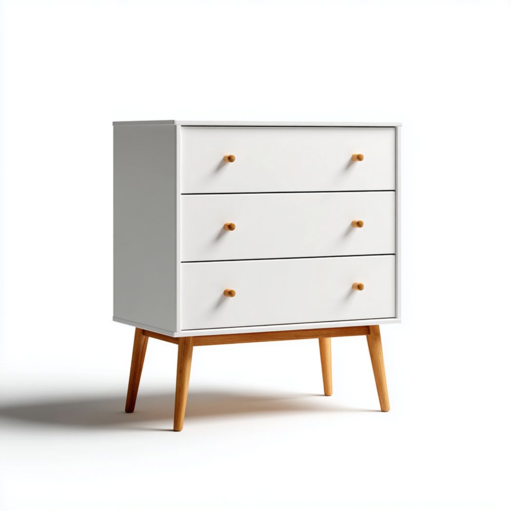 Commode blanche à trois tiroirs avec poignées et pieds brun clair